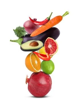 Stack of different vegetables and fruits isolated on white 스톡 사진