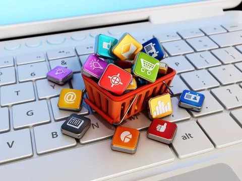 Stack of digital apps inside shopping basket standing on laptop keyboard. ... Foto stock