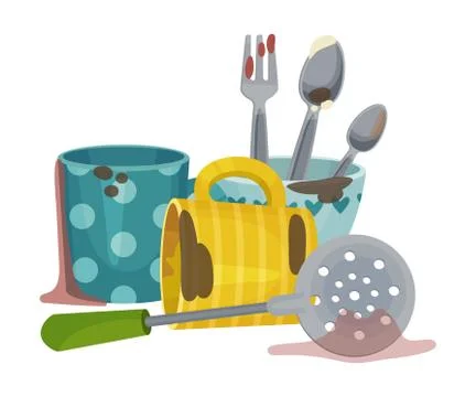 Stack of Dirty Dishes and Crockery Vector Illustration Stockillustratie