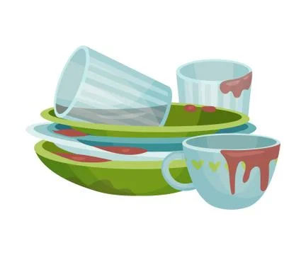 Stack of Dirty Dishes and Crockery Vector Illustration Stockillustratie