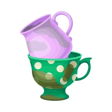 Stack of Dirty Dishes and Utensils with Cups Vector Illustration Stock Illustration