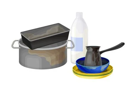 Stack of Dirty Dishes and Utensils with Plates and Saucepan Vector Illustration Stock Illustration