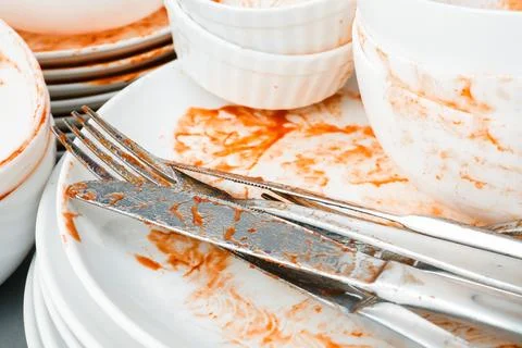 Stack of dirty dishes with cutlery, closeup 스톡 사진