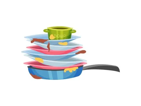 Stack of dirty dishes in a pan. Vector illustration on white background. Stockillustratie