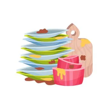 Stack of dirty green and blue plates. Vector illustration on white background. Stock Illustration