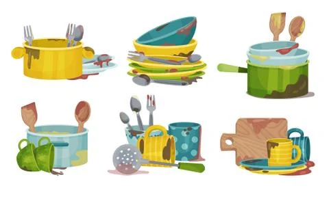 Stack of Dirty Kitchen Utensil and Dinnerware with Plates and Spoons Vector Set Stock Illustration
