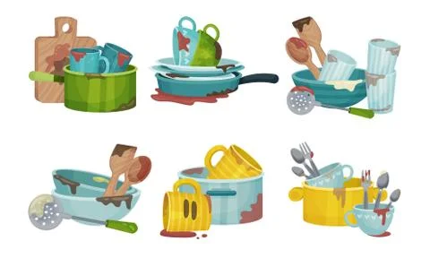 Stack of Dirty Kitchen Utensil and Dinnerware with Plates and Spoons Vector Set Stockillustratie