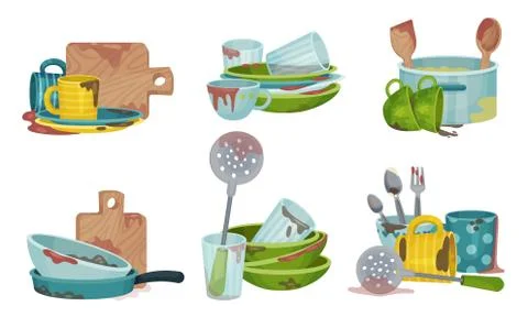Stack of Dirty Kitchen Utensil and Dinnerware with Plates and Spoons Vector Set Stock Illustration