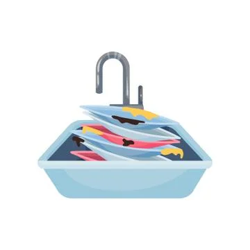 Stack of dirty plates in the sink. Vector illustration on white background. Stock Illustration