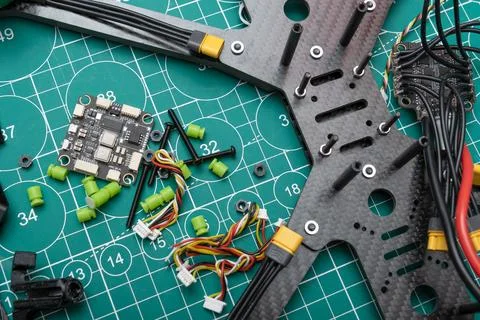 Stack of disassembled sport FPV drone bodies lies on a work table, alongsid.. Foto stock
