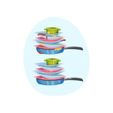 Stack of dishes in the pan. Vector illustration on blue oval shape background. Stock Illustration