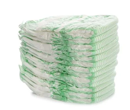 Stack of disposable diapers on white background. Baby accessories 스톡 사진