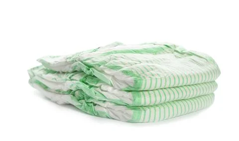 Stack of disposable diapers on white background. Baby accessories Stock Photos