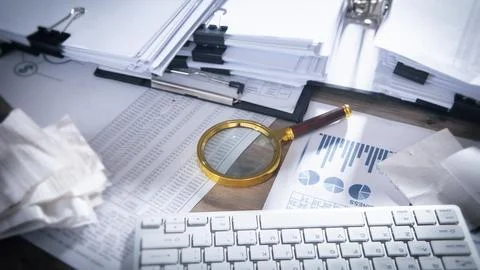 Stack of documents and magnifying glass on the table. Stock Photos