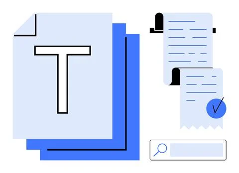 Stack of Documents and Receipts with Search Icon in Modern Minimalist Design Illustrazione stock