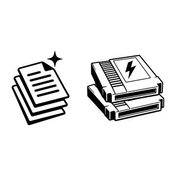 Stack of documents and vintage video game cartridges Illustrazione stock