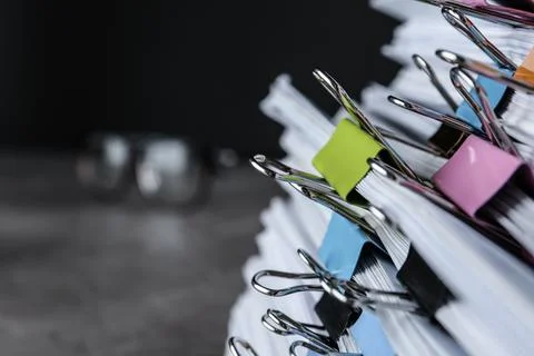 Stack of documents with binder clips on table, closeup view. Space for text 스톡 사진