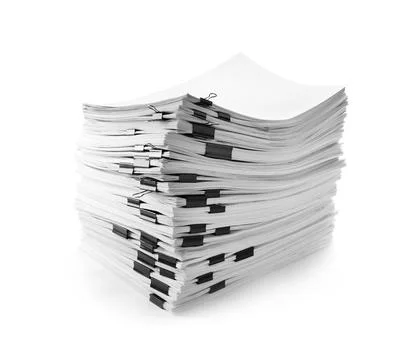 Stack of documents with binder clips on white white background 스톡 사진