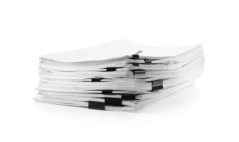 Stack of documents with black paper clips on white background Foto stock