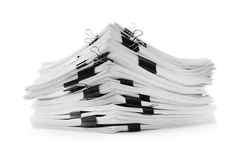 Stack of documents with black paper clips on white background Stock Photos