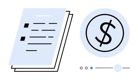 Stack of documents with bullet points next to a dollar sign in a blue circle. Stock Illustration