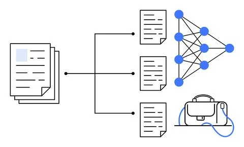 Stack of documents connected to multiple documents and neural network, ending Stockillustratie