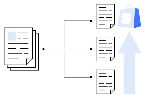 Stack of documents connected to three individual documents leading to an upwa イラスト素材