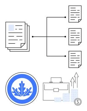 Stack of documents connecting to individual pages, blue leaf emblem, briefcas 스톡 일러스트