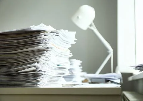 Stack of documents on desk in office. Space for text Stockfoto's
