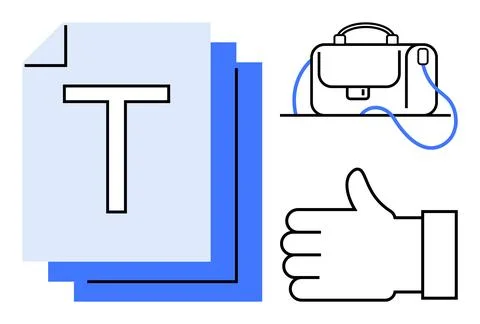 Stack of documents with large T, simple line-drawn briefcase, thumbs-up hand  Stock Illustration