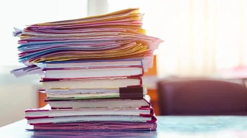Stack of documents placed on a business desk in a business office. Foto stock