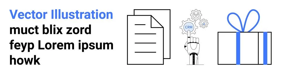 Stack of documents, robotic hand interacting with gears, and a gift box with  Illustrazione stock