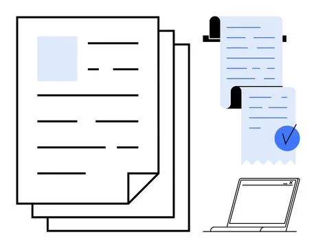 Stack of documents, a rolled receipt with a checkmark, and a laptop. Ideal fo Stock Illustration
