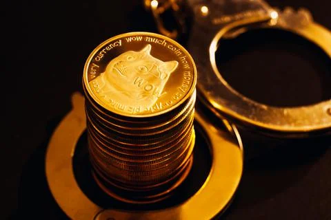 Stack of dogecoins and handcuffs Stock Photos