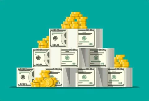 Stack of dollar banknotes and golden coins. Stock Illustration