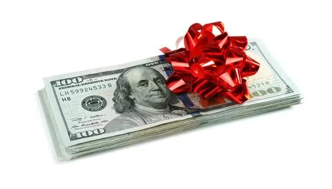 Stack of dollar banknotes with bow on white background 스톡 사진