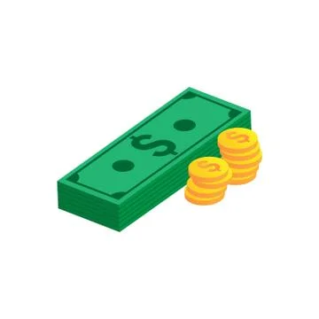 A stack of dollar bills and coins on a transparent background Illustrazione stock