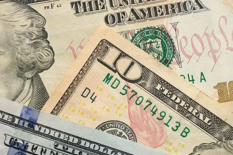 Stack of dollar bills. Hundred, fifty, twenty, ten, five dollars banknote close Stock Photos