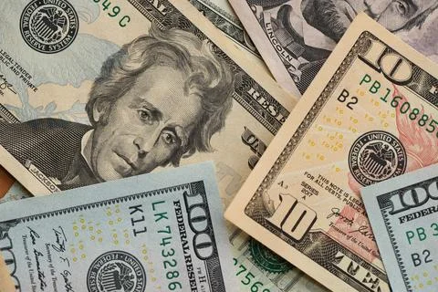 Stack of dollar bills. Hundred, fifty, twenty, ten, five dollars banknote close 스톡 사진