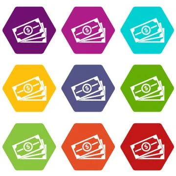 Stack of dollar bills icon set color hexahedron Illustrazione stock