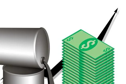 Stack of dollar bills, oil pours out of tin barrels on background of black gr Stock Illustration
