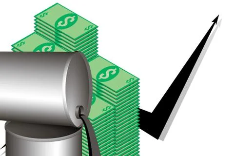 Stack of dollar bills, oil pours out of tin barrels on background of black gr Stock Illustration