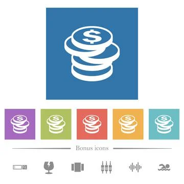 Stack of Dollar coins flat white icons in square backgrounds Illustrazione stock