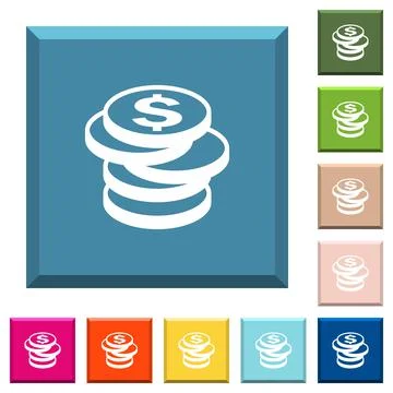Stack of Dollar coins white icons on edged square buttons Stock Illustration