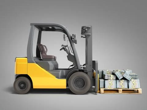 Stack of dollar money bills on wooden pallet with a forklift loader 3d render Stock Illustration