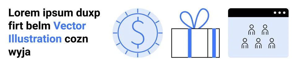 Stack of a dollar sign, gift box, and group meeting icons near placeholder te イラスト素材