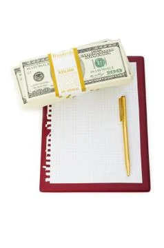 Stack of dollars and blank pad isolated 스톡 사진