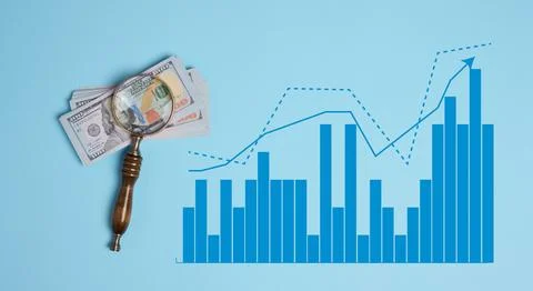 Stack of dollars and chart with growing indicators on blue background, inco.. Foto stock