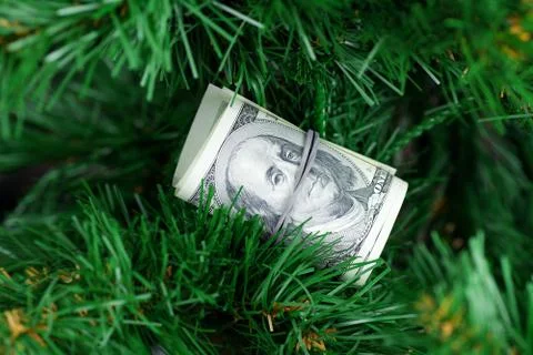 Stack of dollars on the christmas tree Foto stock