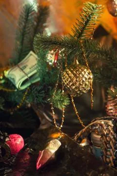Stack of dollars under the Christmas fir 스톡 사진